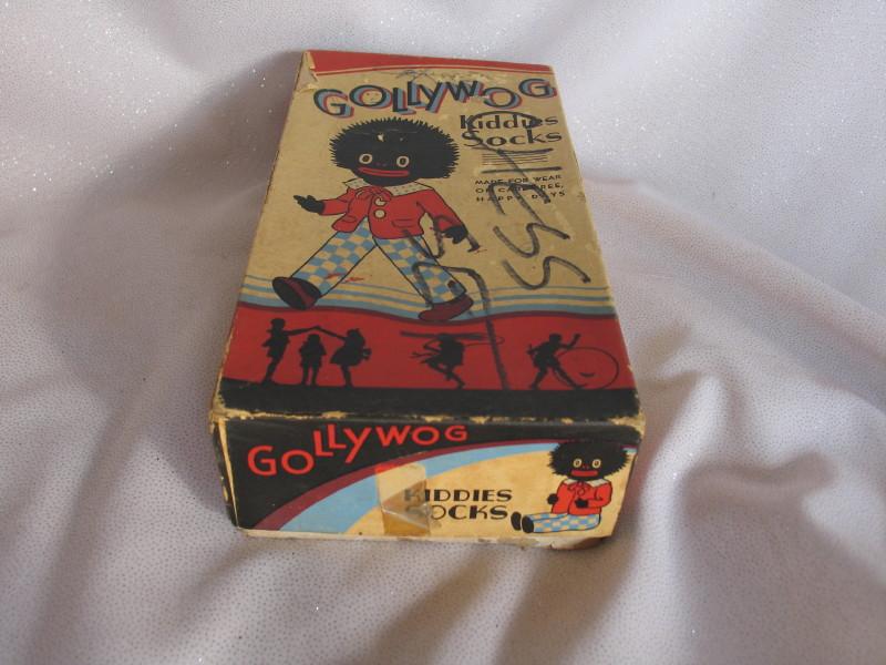 Vintage Gollywog Kiddie Socks box with wood chess set inside and chess writ
