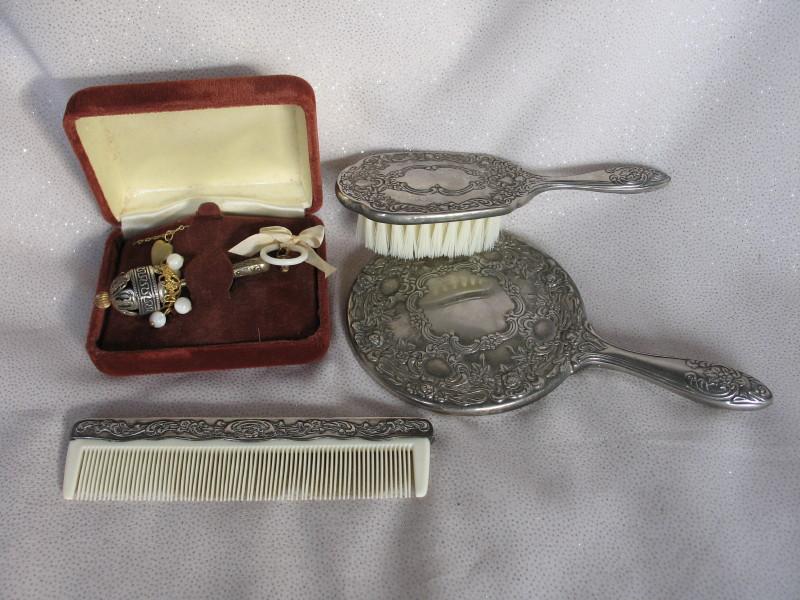 Child 1920s EPNS silver girls vanity set, brush, mirror and comb. Plus Bebe