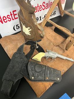 TOY RIFLE AND PISTOL AND VINTAGE FOLDING CLOTH STOOL