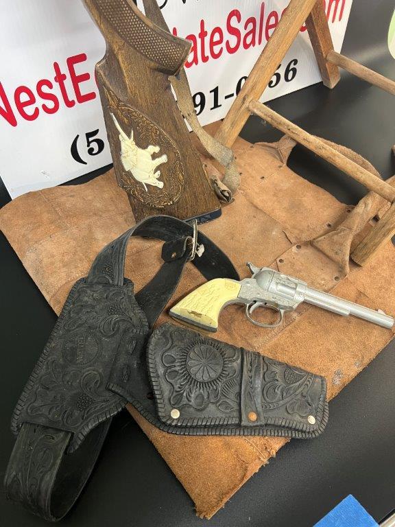 TOY RIFLE AND PISTOL AND VINTAGE FOLDING CLOTH STOOL