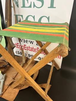 TOY RIFLE AND PISTOL AND VINTAGE FOLDING CLOTH STOOL