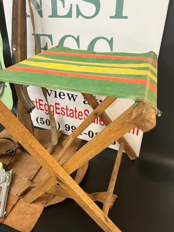 TOY RIFLE AND PISTOL AND VINTAGE FOLDING CLOTH STOOL