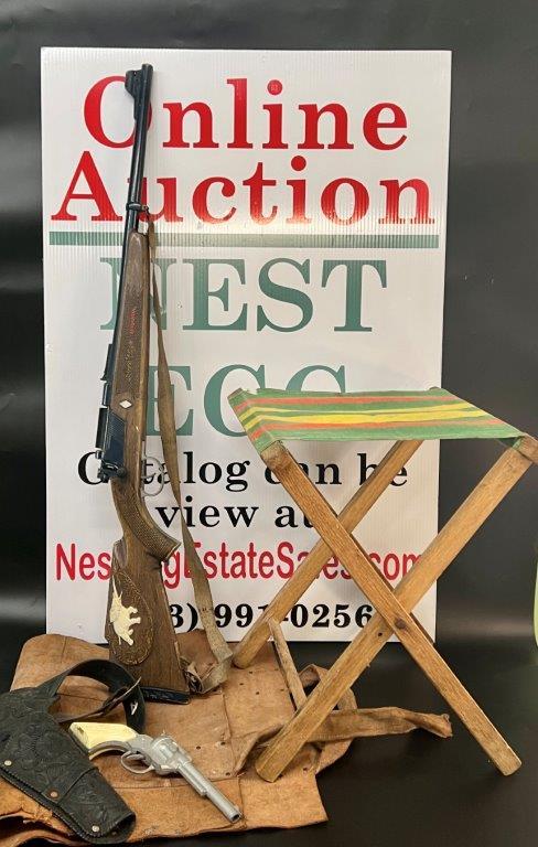 TOY RIFLE AND PISTOL AND VINTAGE FOLDING CLOTH STOOL