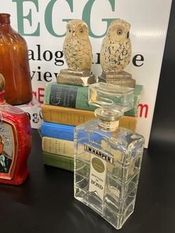 VINTAGE BOTTLES, BOOKS, AND OWL CHALKWARE BOOKENDS