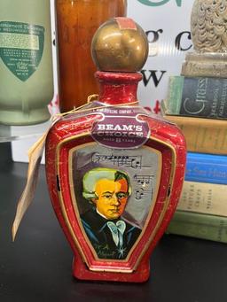 VINTAGE BOTTLES, BOOKS, AND OWL CHALKWARE BOOKENDS