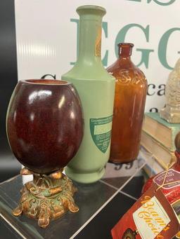 VINTAGE BOTTLES, BOOKS, AND OWL CHALKWARE BOOKENDS