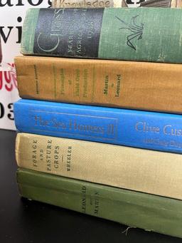 VINTAGE BOTTLES, BOOKS, AND OWL CHALKWARE BOOKENDS