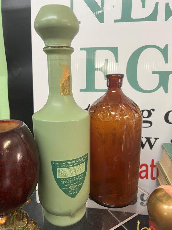 VINTAGE BOTTLES, BOOKS, AND OWL CHALKWARE BOOKENDS