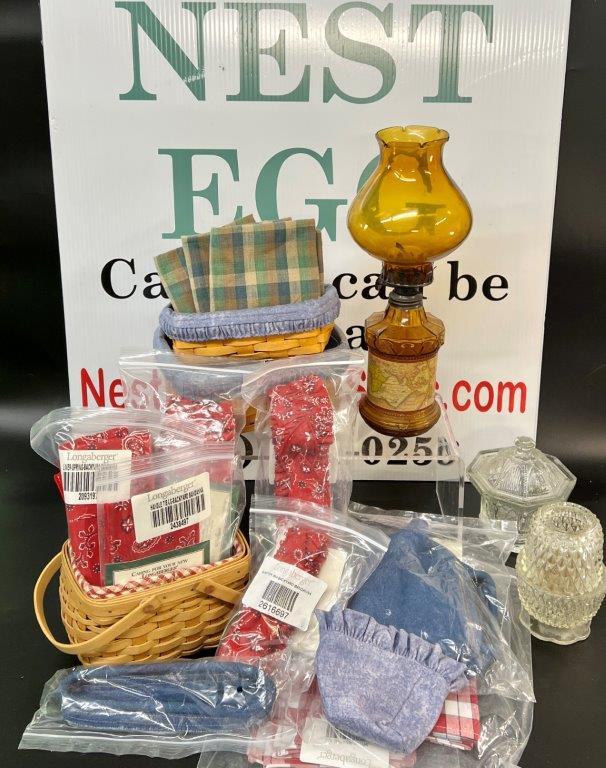 LONGABERGER BASKETS AND LINENS, AND CANDLE HOLDERS