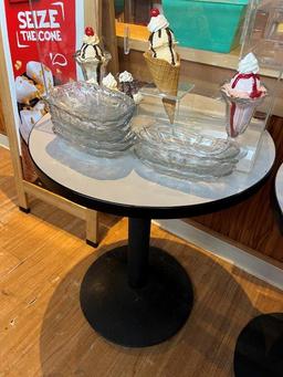 Pair Round Café style Tables, Banana Split Bowls