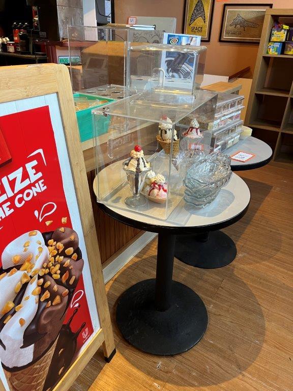 Pair Round Café style Tables, Banana Split Bowls