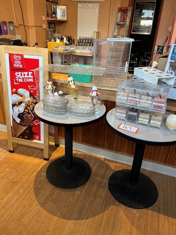 Pair Round Café style Tables, Banana Split Bowls