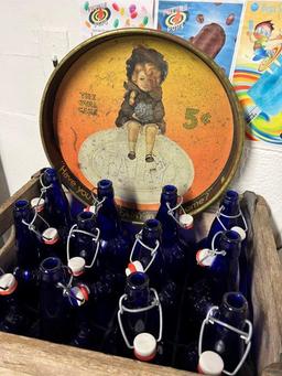 Rustic Wood Side Table, Crate, Bottles, and Tray