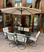 Patio Table, Chairs with Cushions, Umbrella and Stand