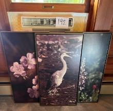 Framed Blue Heron, and pair Floral Wall Art