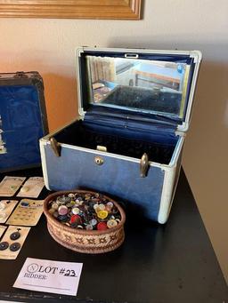 Vintage Train Case, Roller Skates Case, And Buttons