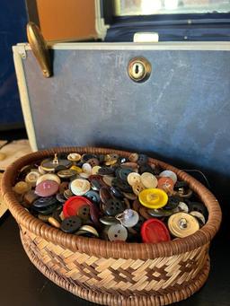 Vintage Train Case, Roller Skates Case, And Buttons