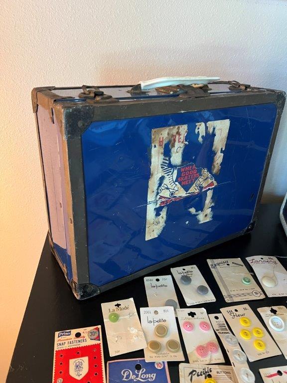 Vintage Train Case, Roller Skates Case, And Buttons