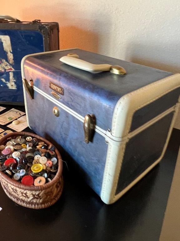 Vintage Train Case, Roller Skates Case, And Buttons