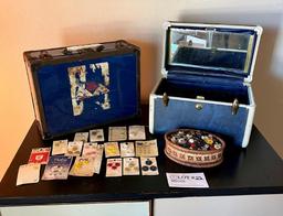 Vintage Train Case, Roller Skates Case, And Buttons