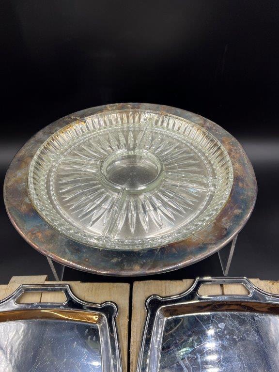 Vintage Silver Plated Platter w Glass Insert and Two Trays