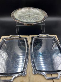 Vintage Silver Plated Platter w Glass Insert and Two Trays