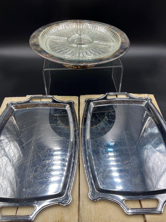 Vintage Silver Plated Platter w Glass Insert and Two Trays