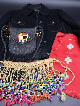 Vintage Native Style Leather Purse and Vintage Jacket with Turquoise Buttons