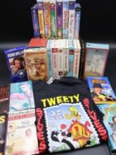 Large Collection of Vintage VHS tapes & Looney Tunes "Stamp Collection" and Shirt