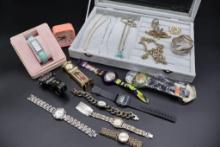 Fabric Clad Display Case Plus Jewelry and Watch Assortment