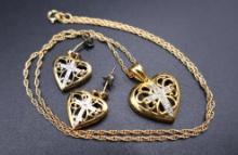 "Lord's Prayer" Heart with Cross Necklace Earring Sterling with Gold Overlay