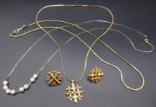 Jerusalem Cross Set, Vintage 14KGP Gold Slanted Box style Chain, and Costume Pearl-Like Necklace