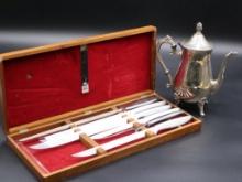 Vintage Gerber Legendary Blades "Presentation" Set and Silverplate Teapot