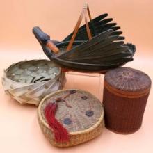 Vintage Painted Duck Basket and Antique Chinese Wicker Sewing Baskets