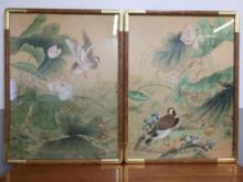 Pair of Large Framed Tempera on Silk Artworks