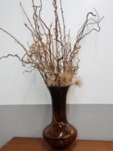 Vintage MCM Large Amber Glass Vase with Dried Pussywillow and More Accents
