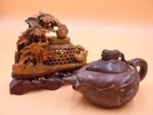 Antique Stone Carved Teapot and Hand Carved Soapstone