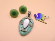 Sterling Enameled Fish Pin, Earrings and Pendant