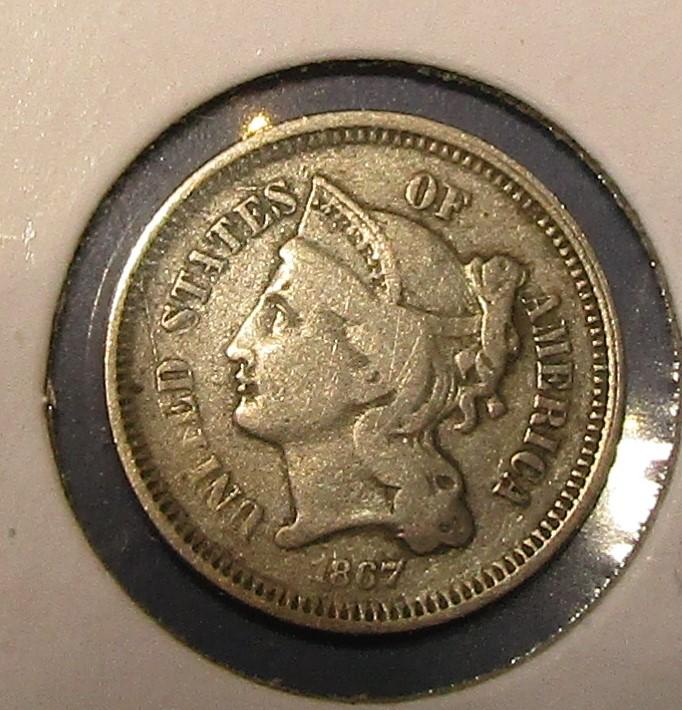 1867 THREE CENT NICKEL VG