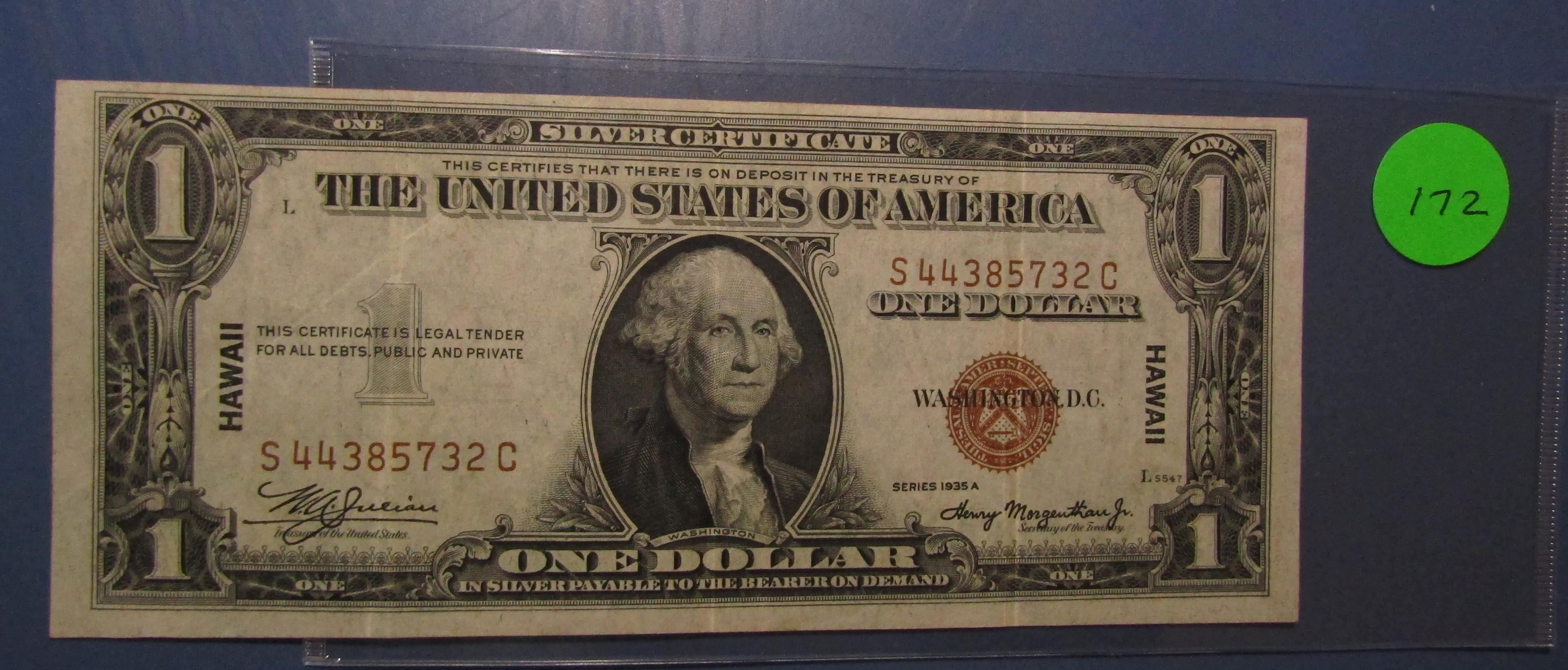 1935-A $1.00 HAWAII SILVER CERTIFICATE NOTE AU++++