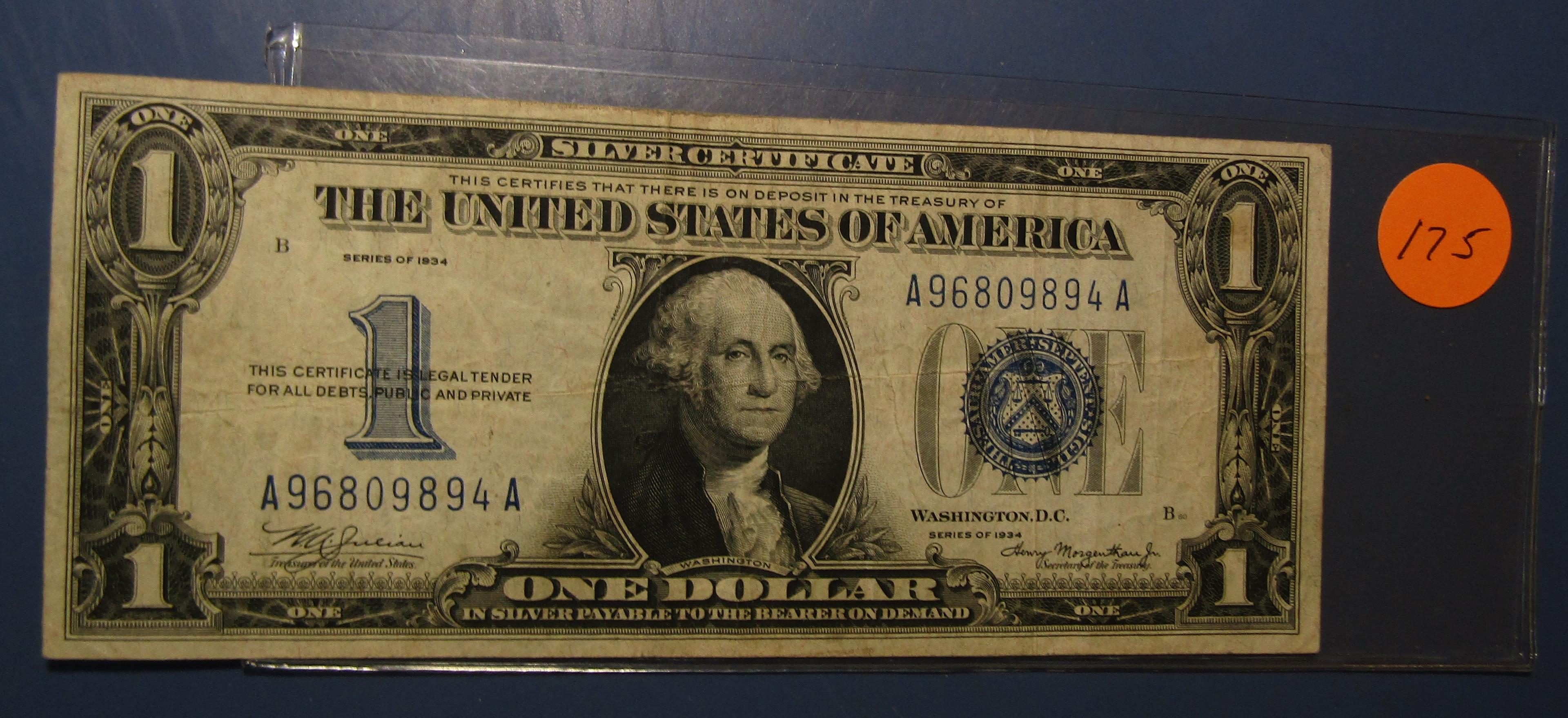 1934 $1.00 SILVER CERTIFICATE NOTE VF/XF