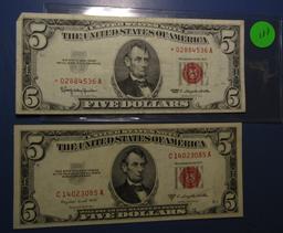LOT OF 1953-B $5.00 NOTE UNC & 1963 $5.00 STAR NOTE VF/XF (2 NOTES)