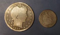 LOT OF 1894 BARBER QTR. & 1845 HALF DIME (2 COINS)