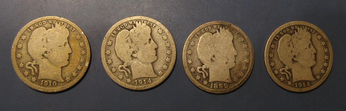 LOT OF FOUR MISC. DATE BARBER QUARTERS G/VG (4 COINS)