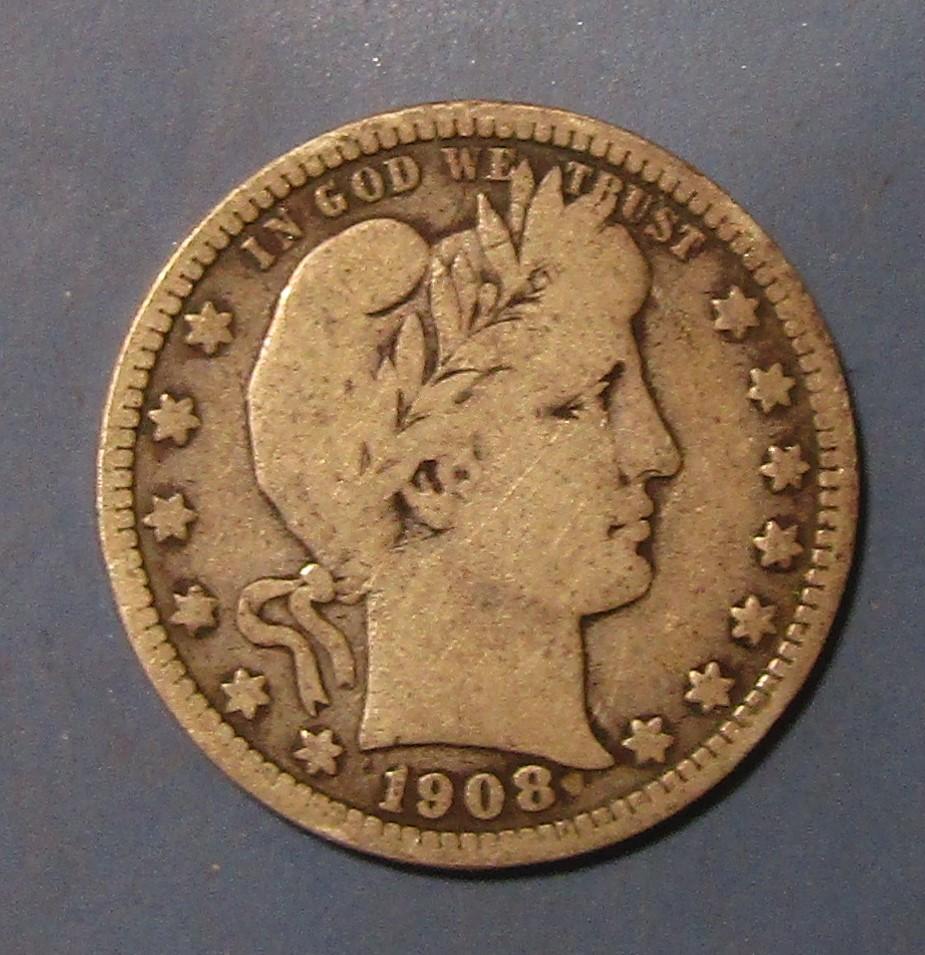 1908-D BARBER QUARTER VG