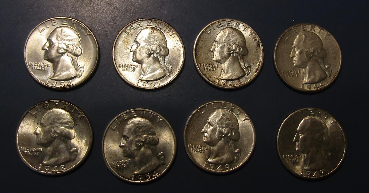 LOT OF EIGHT MISC. EARLY DATE SILVER WASHINGTON QUARTERS GEM UNC (8 COINS)