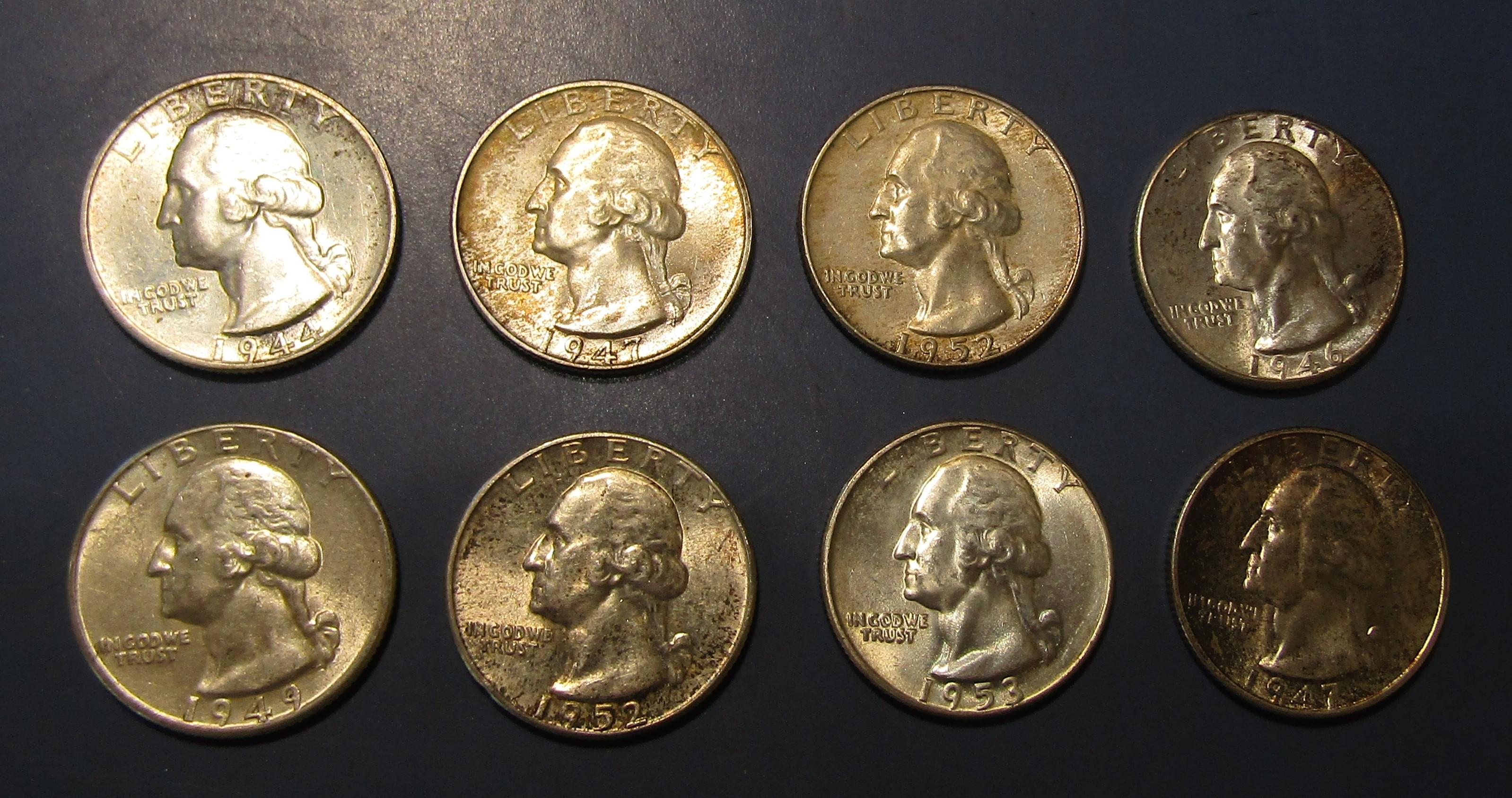 LOT OF EIGHT MISC. EARLY DATE SILVER WASHINGTON QUARTERS GEM UNC (8 COINS)