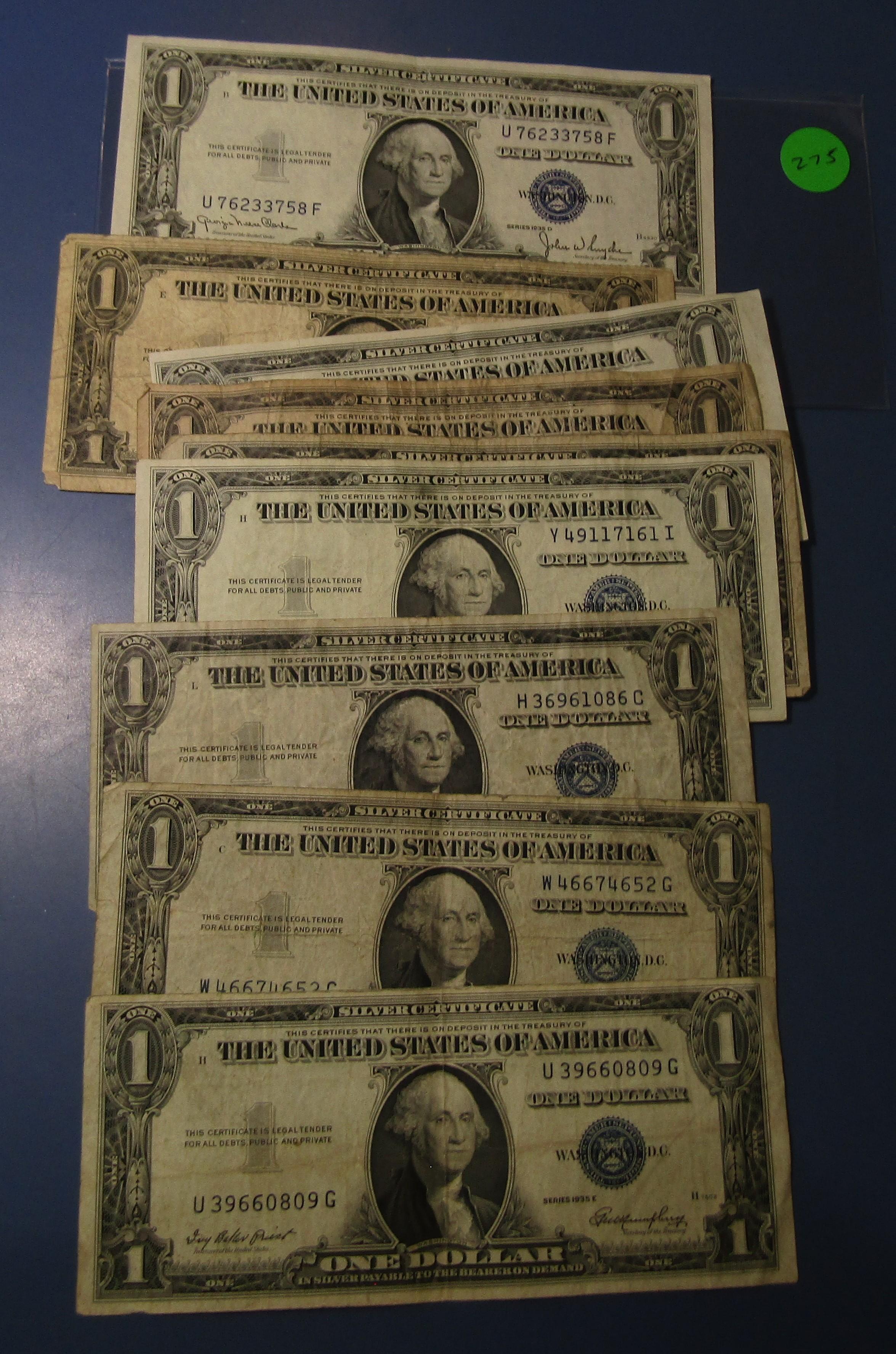 LOT OF TWENTY ONE MISC. 1935 $1.00 SILVER CERTIFICATE NOTES AVE. CIRC. (21