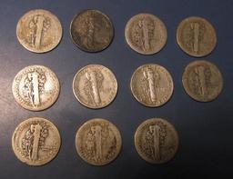 LOT OF ELEVEN MISC. EARLY DATE MERCURY DIMES AVE. CIRC. (11 COINS)