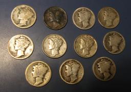 LOT OF ELEVEN MISC. EARLY DATE MERCURY DIMES AVE. CIRC. (11 COINS)